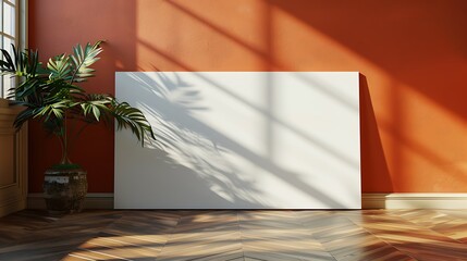 Sunlit Room Interior Design Mockup with Blank Canvas and Tropical Plant