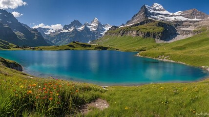 Stunning alpine landscape featuring a crystal-clear turquoise lake surrounded by majestic snow-capped mountains.