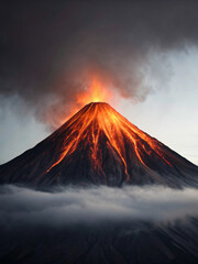 Majestic Eruption of Volcano Illuminated by Lava Flow Against Dark Cloudy Sky