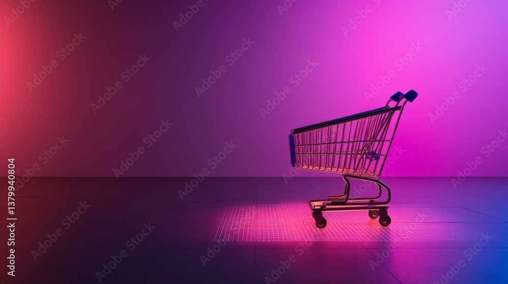 Leinwandbilder minimalist shopping cart stands prominently on a glowing gradient neon background highlighting its s