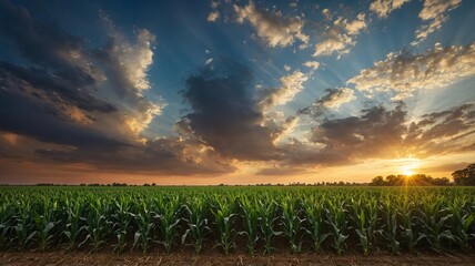Vibrant sunset over a lush cornfield, highlighting the beauty of nature's bounty and dramatic cloud patterns.