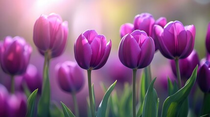 Obraz premium Clusters of vibrant purple tulips bloom amidst lush green foliage, basking in warm sunlight during spring. Nature showcases its beauty in full bloom