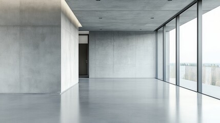 Fototapeta premium Minimalist design is highlighted in this spacious empty room featuring concrete walls and large glass windows. Natural light floods the area, enhancing the serene atmosphere