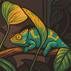 Chameleon Resting on Branch in Lush Green Jungle Illustration