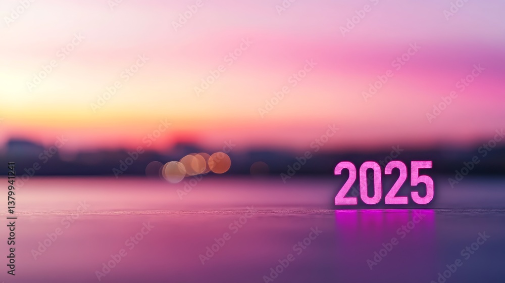 Aufkleber metallic numbers 2025 stand prominently against a gradient sky transitioning from pink to purple, cr
