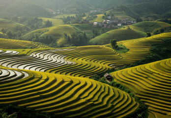 Fototapeta premium Spectacular aerial view of lush, green rice terraces on rolling hillsides in a village