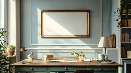 Sunlit Home Office Desk with Empty Gold Frame Mockup Perfect for Artwork or Design Presentation