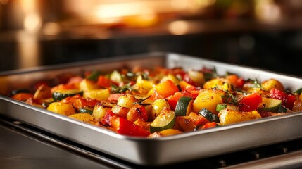 A delicious array of roasted zucchini, bell peppers, and potatoes fills a baking dish with golden edges, illuminated by soft kitchen light for an inviting feel