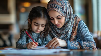A young child draws with their mother, who is wearing a hijab, indoors