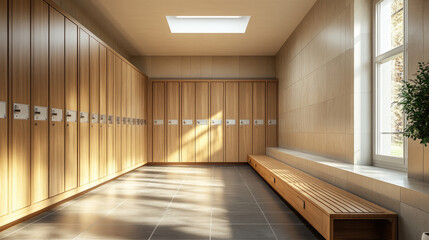 Modern fitness center locker room with clean wooden lockers, benches, and tiled floor, illuminated with ceiling lights, representing organization, hygiene, and comfort for gym users. 