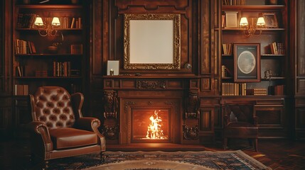 Elegant library with fireplace leather armchair and bookshelves cozy home interior design