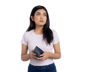 Worried young Asian woman holding empty wallet and looking up, feeling stressed or concerned, isolated on transparent background
