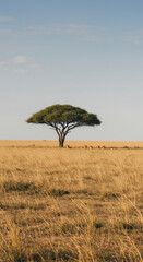 Obraz premium An acacia tree stands proudly in the african savanna under a vast, open sky.