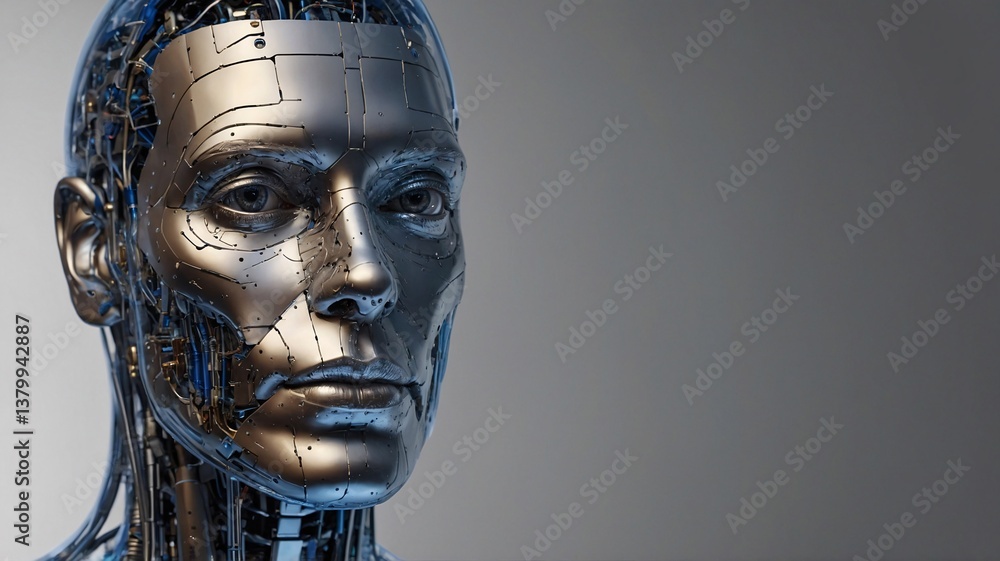 Poster close-up of a futuristic humanoid robot with metallic features and intricate circuitry.