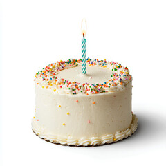 A single-layer vanilla birthday cake with smooth white frosting,