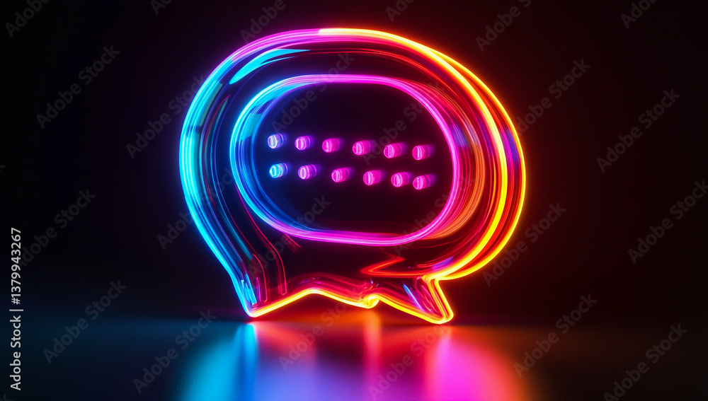 Poster 3d render of a colorful, glowing glass speech bubble in the shape of a message or chat box icon, iso