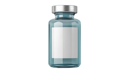 A transparent glass bottle with a metal cap containing a clear liquid or solution for a medical prescription or treatment