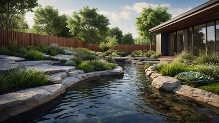A serene garden landscape featuring a tranquil waterway, lush greenery, and natural stone pathways.