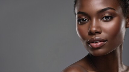 A close-up portrait of a beautiful Black woman with glowing skin and expressive eyes, radiating confidence and elegance.