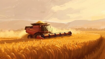 Fototapeta premium A combine harvester working diligently in a golden wheat field during sunset, with mountains in the distance