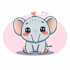 Fototapeta premium Cute kawaii baby elephant with big eyes and hearts