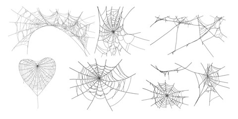 Spooky halloween old cobweb with various sizes and shapes. Old spider web set flat vector illustration for dark gothic decoration for holidays. Corner spider net insect thread cobweb scary frames.