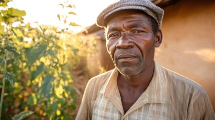 Obraz premium A portrait shows a man in a rural garden area