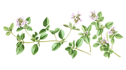 Design clipart of oregano plant with sprigs, leaves, and flowers, isolated on a white background
