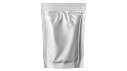 Blank glossy white foil food packaging pouch or bag mock up on a simple clean background ready for branding and product display