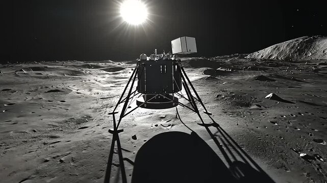 Lunar Lander on Moon's Surface with Bright Sun