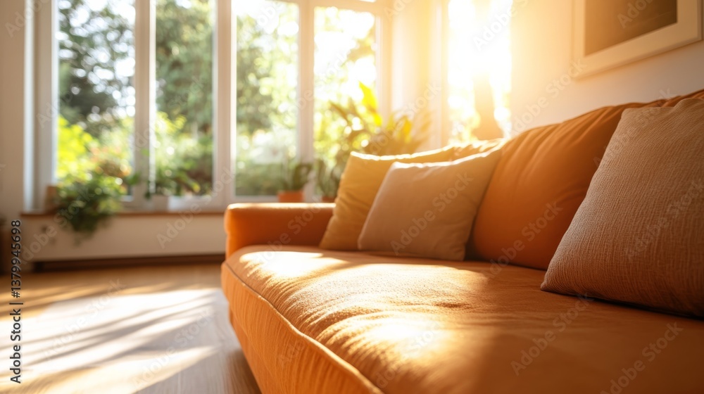 Poster bright orange sofa with neatly arranged pillows sits in a cozy living room. sunlight illuminates the
