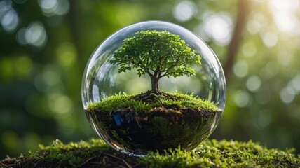 A vibrant, green tree encased in a glass sphere, symbolizing nature's beauty and preservation.