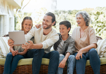 Dad, old woman and kids on tablet for selfie, patio couch and photography for social media in home....