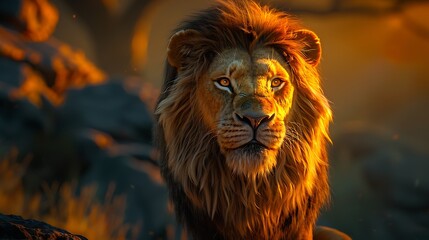 Fototapeta premium Majestic African Lion in Golden Sunset Light Powerful Wild Cat Portrait