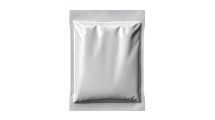 Close up of a shiny silver metallic package or pouch with a clean minimalist design suitable for advertising or displaying a high end product or brand