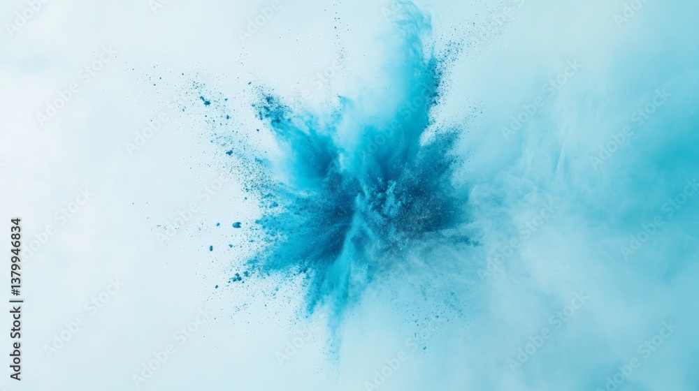 Poster A vibrant explosion of cyan blue powdered paint fills the air, creating a dynamic visual effect against a soft pastel background fading to white