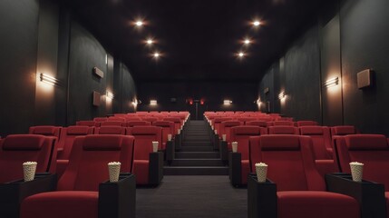 Realistic image of an empty dark cinema featuring rows of red seats with cup holders and popcorn
