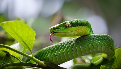 Fototapeta premium Green tree snake coiled among leaves, tongue flicking out, eyeing prey