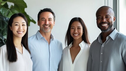Diverse team of professionals smiling in modern office, multicultural colleagues with natural expressions, clean white background
