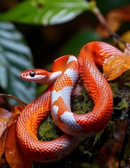 Fototapeta premium Coral snake slithering on damp forest leaves, vibrant colors standing out