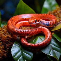 Fototapeta premium Coral snake slithering on damp forest leaves, vibrant colors standing out