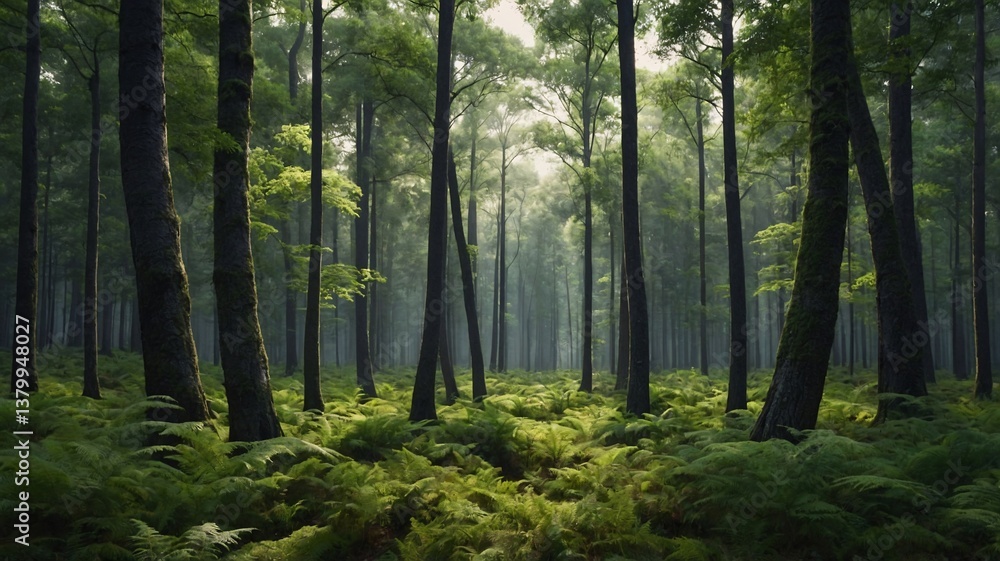 Poster lush green forest filled with towering trees and vibrant ferns, creating a serene and tranquil atmos