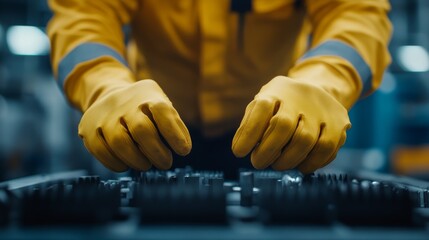 Worker in yellow gloves assembling mechanical components in a modern manufacturing facility
