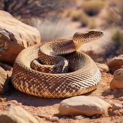 Fototapeta premium Rattlesnake coiled among desert rocks, rattle raised, ready to strike