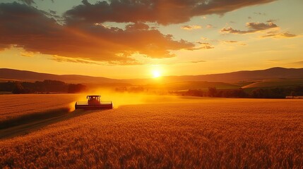 Fototapeta premium A combine harvester working in a wheat field at sunset with mountains in the distance and a golden sky
