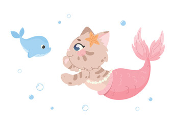 Mermaid cat with little dolphin. Cute children's characters. Friendship under water. Kawaii mermaid kitten. Vector illustration