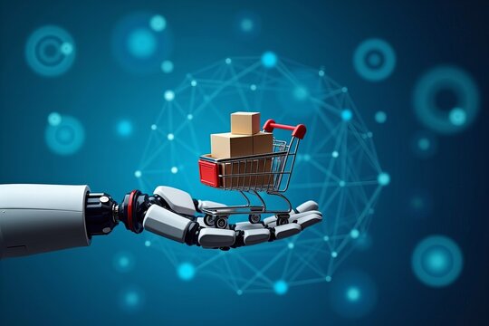 Robotic Hand with Shopping Cart Filled with Cargo Boxes in High-Tech Setting