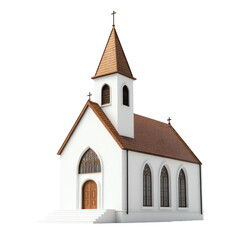 Fototapeta premium A serene white church with a brown roof features a tall steeple and stained glass windows, surrounded by open space and clear skies