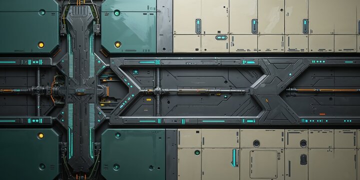 High-Tech Panel Design with Geometric Shapes, Vibrant Accents, and Futuristic Aesthetics