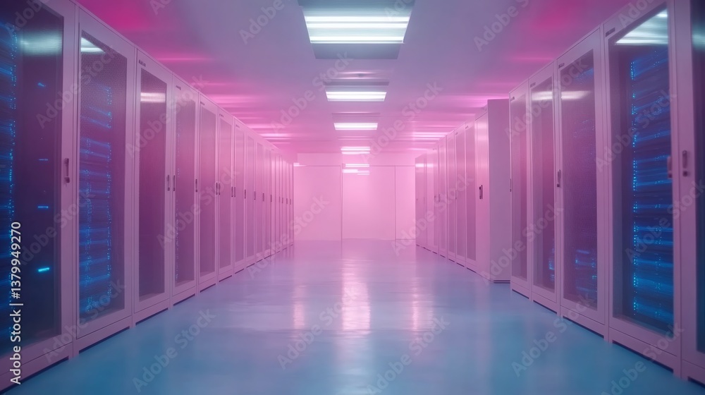 Poster Wide-angle view of a futuristic data center corridor illuminated by blue and magenta lights, featuring symmetrical server rows and ample copy space